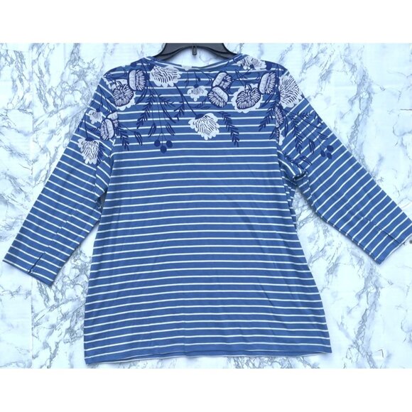 Style & Co. Womens Floral Print Striped 3/4 Sleeve Top Size 0X Blue/White - Picture 2 of 7